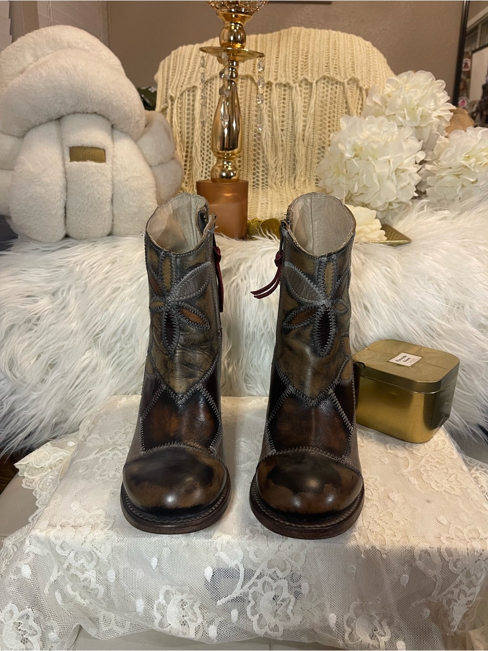 Freebird EUC/HTF/RETIRED “Flower” Patchwork Leather Ankle Boots MSRP$395